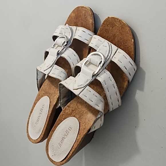 White Wedge Sandals with Leather Straps Stitching Cork Soles - Picture 12 of 13